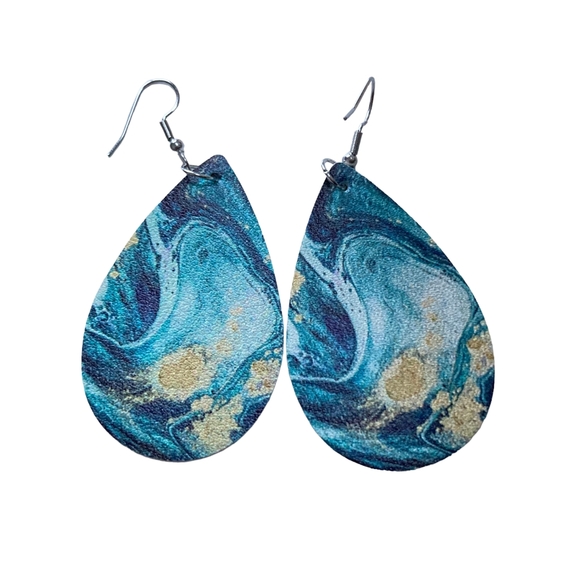 BNWT Aquamarine Sea Marbling Earrings with a Splash of Gold PU Leather Teardrop - Picture 5 of 11